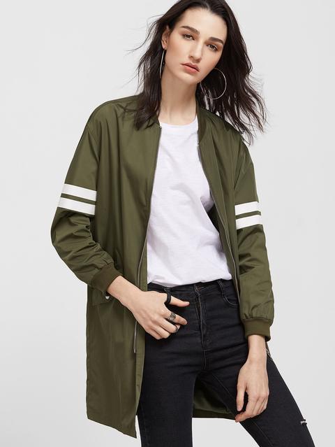 Olive Green Striped Sleeve Longline Zip Up Bomber Jacket