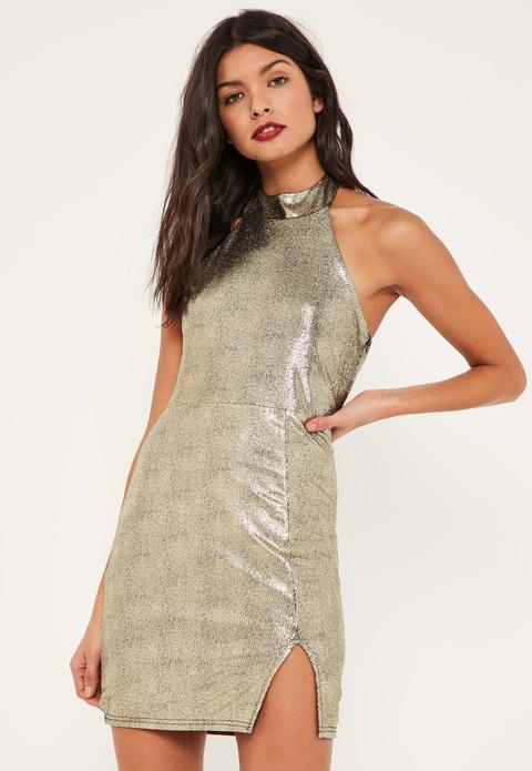 Gold Foiled Metallic High Neck Mini Dress