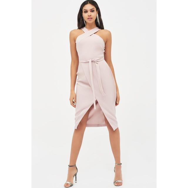 lavish alice halter neck wrap front midi dress