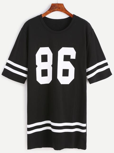 Black Number Print Varsity Striped Tee Dress