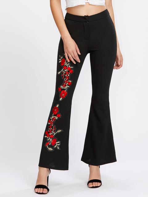 Pantaloni A Campana Con Applique Di Fiore Ricamato
