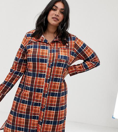 Pink Clove Button Through Shirt Dress In Check-orange