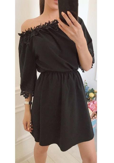 Mini Vestito Manicotto 3/4 Manica In Pizzo Nero
