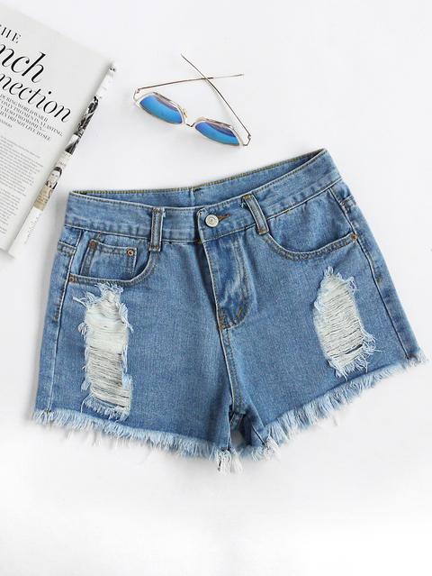 Destroyed Fray Hem Denim Shorts