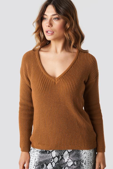 Na-kd Deep Front V-neck Knitted Sweater - Brown