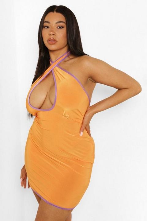 Vestido Plus Con Escote Halter Y Colores En Contraste, Naranja