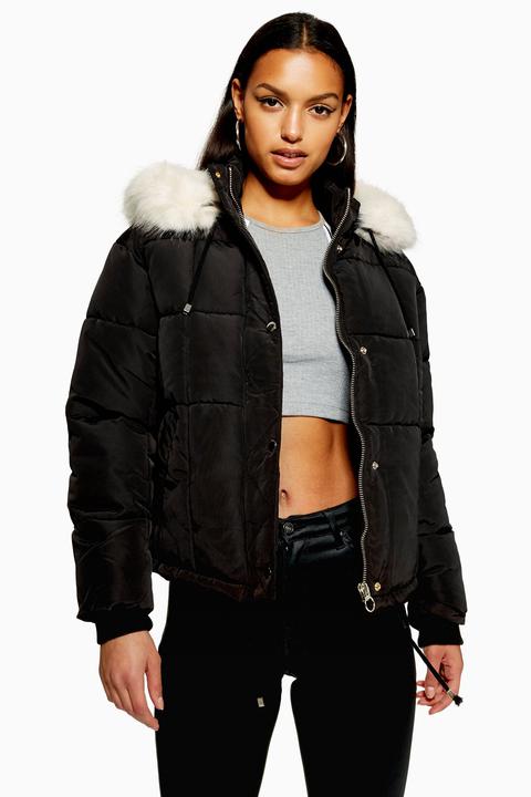 Womens Petite Faux Fur Lined Quilted Puffer Jacket - Black, Black