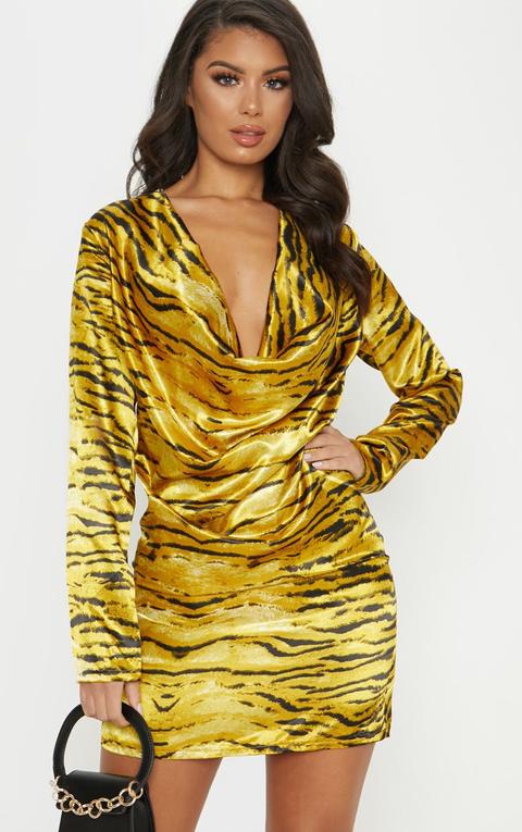 Gold Tiger Print Cowl Bodycon Dress, Yellow