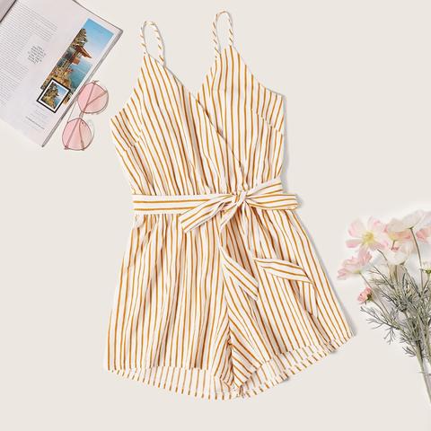 striped belted cami jumpsuit
