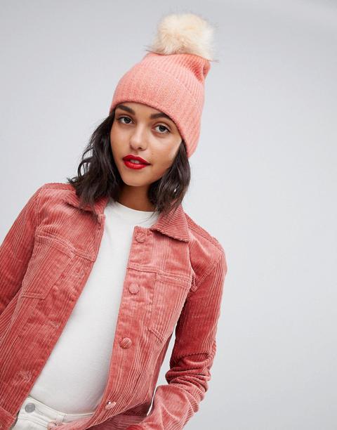 Pieces Faux Fur Pom Pom Beanie Hat-pink