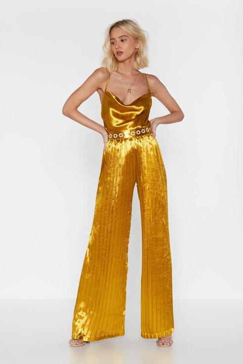 Gold Ruche Satin Wide-leg Pants