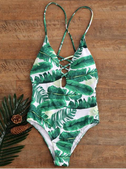 Palm Print Backless Plunge One Piece Swimwear