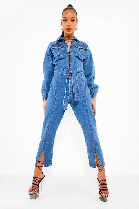 Womens Volume Sleeve Split Hem Denim Jumpsuit - Blue - 8, Blue