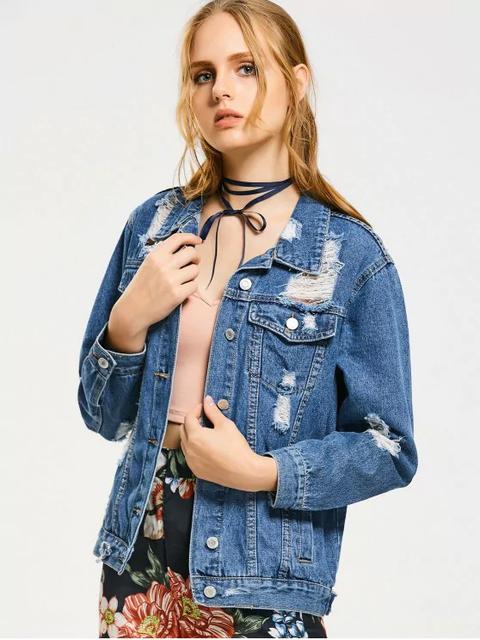 Button Up Destroyed Denim Jacket