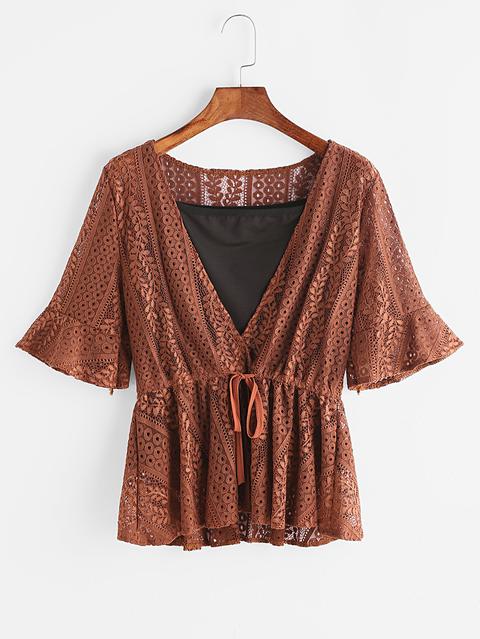 Drawstring Waist Lace Blouse With Black Cami Top