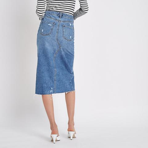 Mid Blue Open Front Denim Pencil Skirt from River Island on 21 Buttons