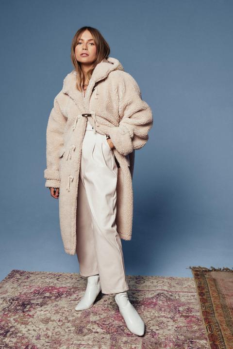Womens Oversized Longline Toggle Teddy Coat