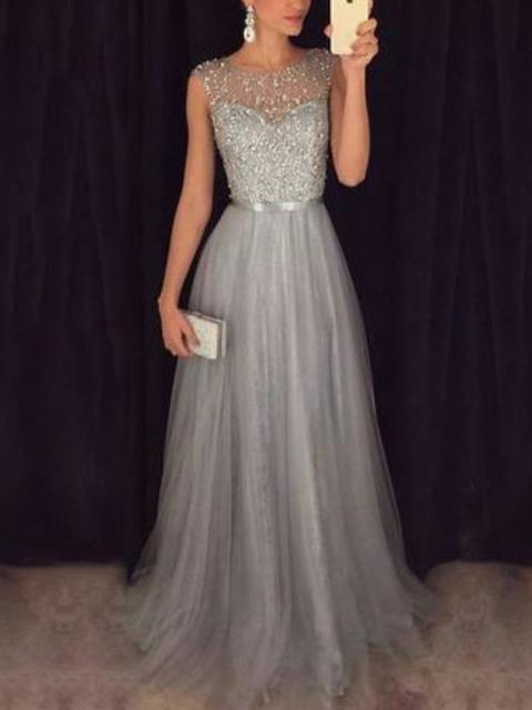 Elegant Sequins Patchwork Mesh Gown Dress