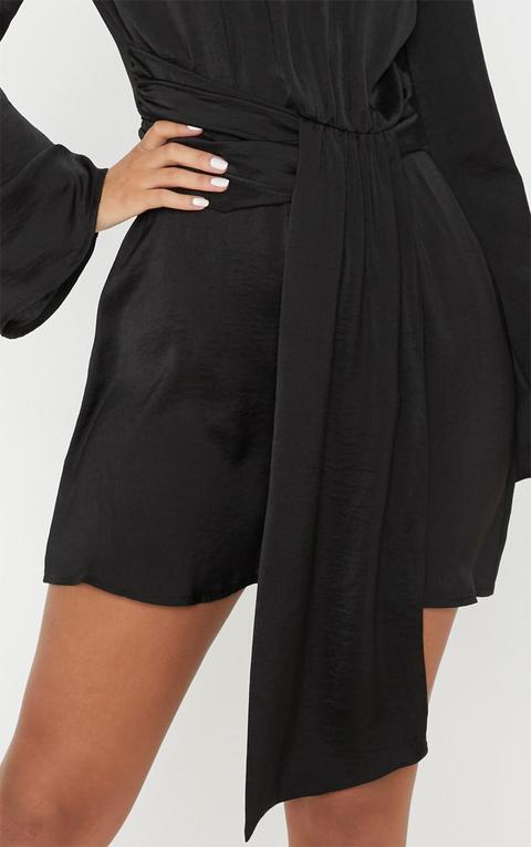 Black Hammered Satin High Neck Drape Bodycon Dress