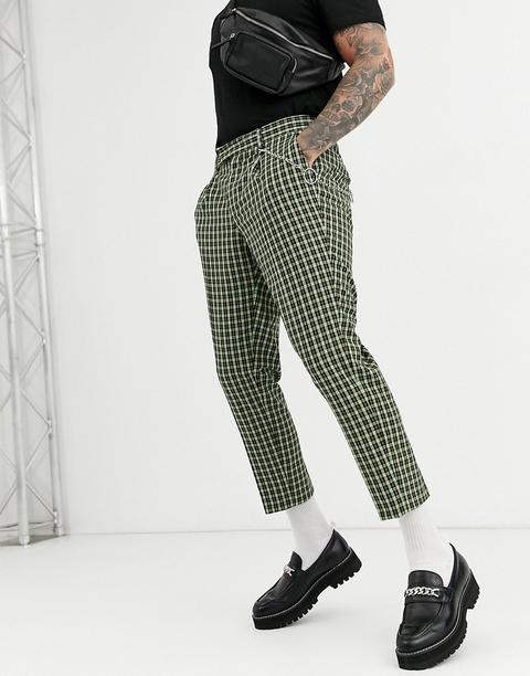 Asos Design Slim Crop Smart Trousers In Green Check With Metal Pocket Chain