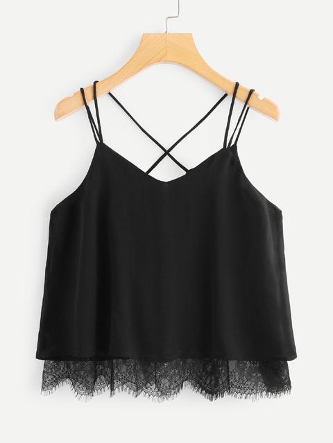 Lace Hem Criss Cross Back Strappy Top