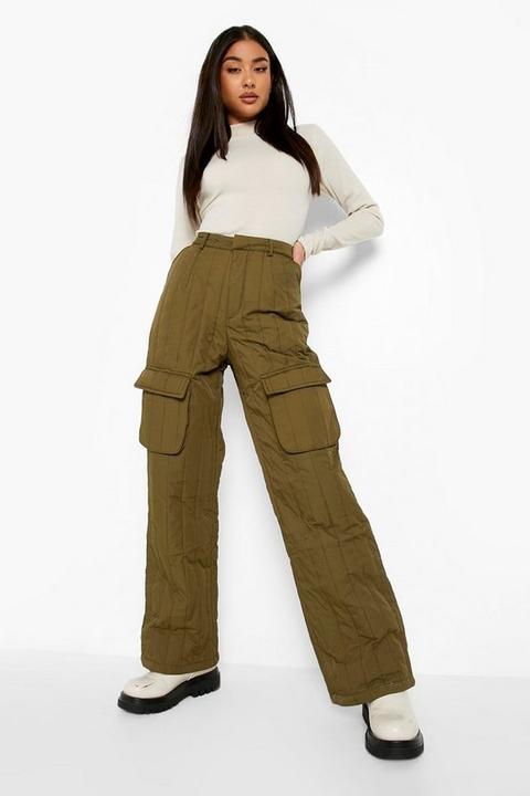 Womens Quilted Satin Cargo Trouser - Green - 10, Green