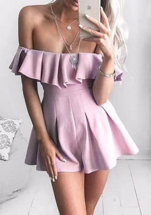 Pink Zipper Ruffle Sewing Mid-rise Fashion Short Jumpsuit