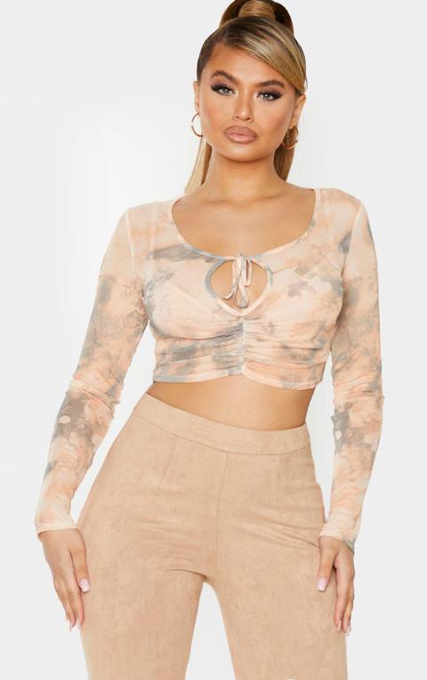 Stone Marble Print Long Sleeve Ruched Mesh Crop Top