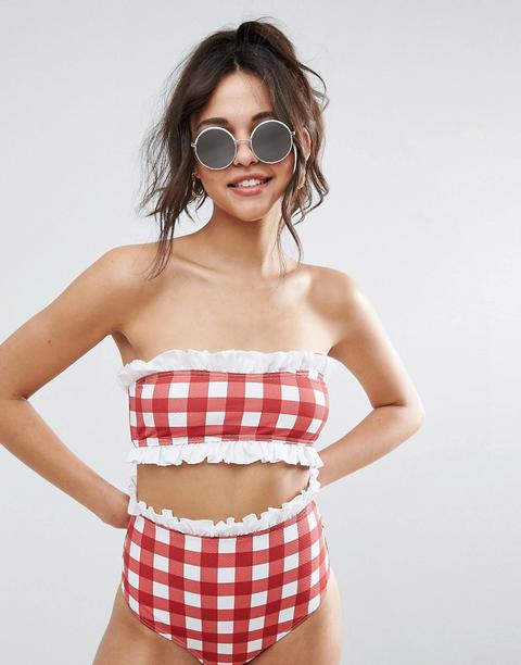 Top De Bikini Palabra De Honor Con Volante Y Estampado De Vichy De Algodón De Asos