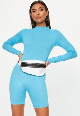 Combishort Bleu Turquoise Col Haut Manches Longues