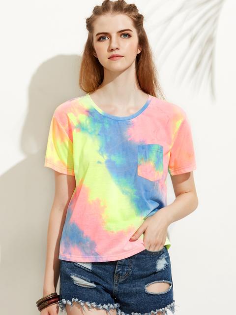 Camiseta Estampada Escote Redondo Bolsillo Manga Corta - Multicolor