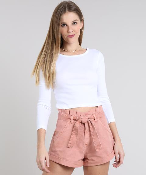 Blusa Feminina Básica Cropped Manga Longa Branca