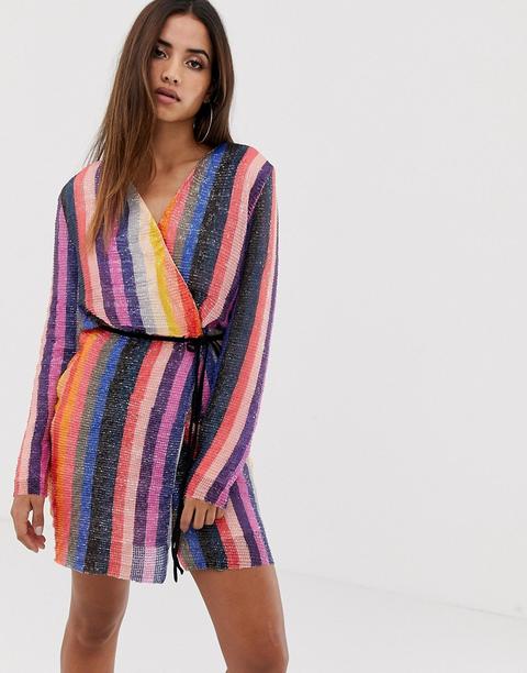 Minivestido De Lentejuelas Con Diseño Cruzado A Rayas De Club L-multicolor