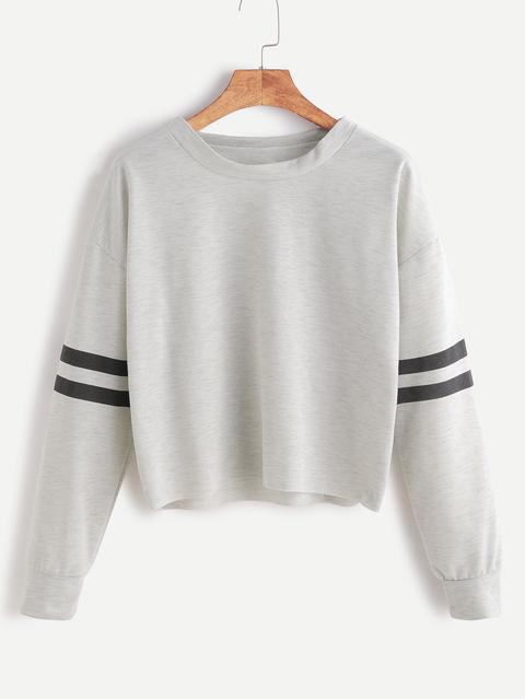 T-shirt Crop A Righe Con Scollo Avio Grigio Melange