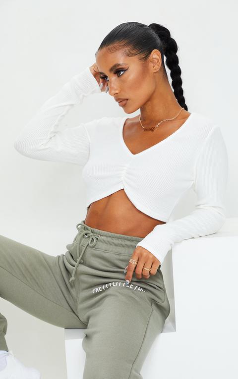 White Brushed Rib Ruched Front Long Sleeve Crop Top