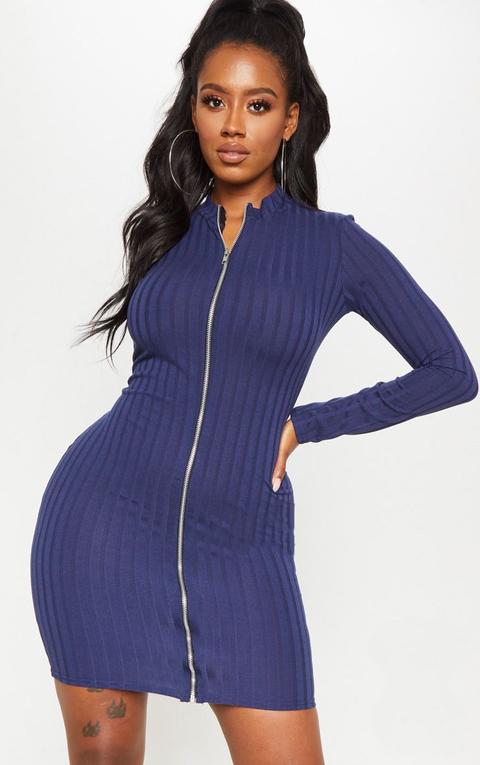 Shape Navy Ribbed Zip Front Bodycon Dress, Blue