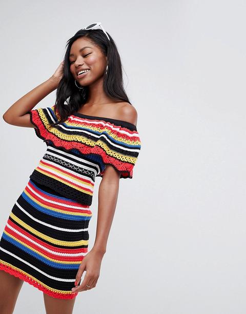 Asos Design - Top A Righe Lavorato All'uncinetto Con Scollo Alla Bardot - Multicolore