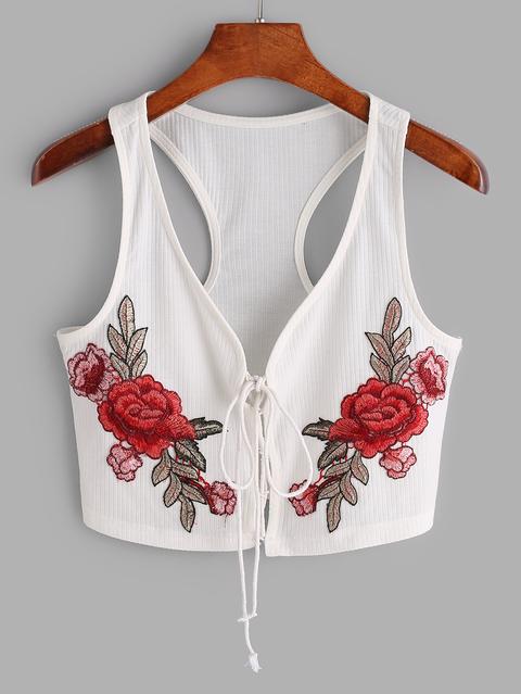 Top Pizzo Rosa Breve Toppa Sul Davanti Bianco