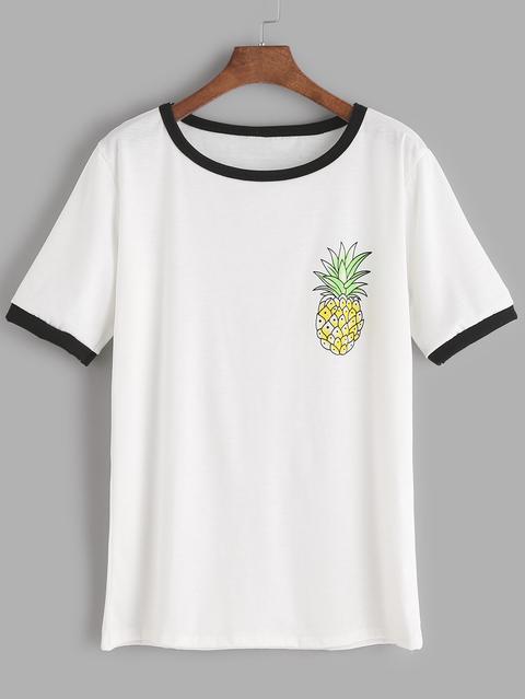 T-shirt Con Bordi A Contrasto ,con Stampa Di Ananas,bianco