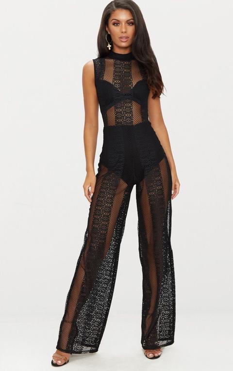 Black Lace High Neck Sleeveless Jumpsuit