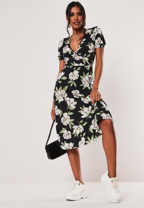 Black Floral Mock Horn Button Midi Dress, Black