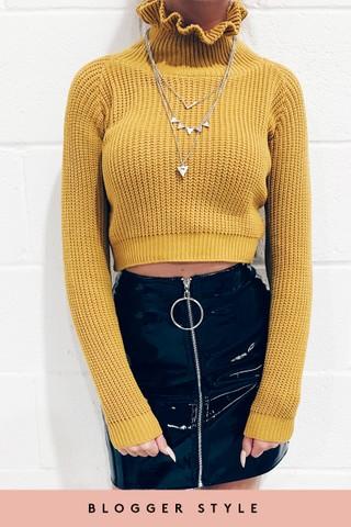 Cordelia Mustard Ruffle Neck Cropped Knitted Jumper