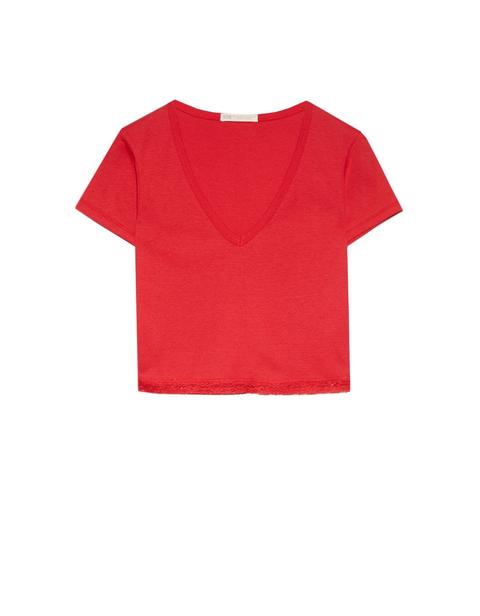 Camiseta Crop Puntilla Con Escote Pico