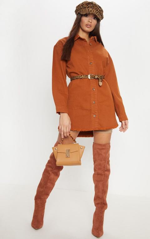 Dark Rust Longline Button Through Denim Shirt Dress