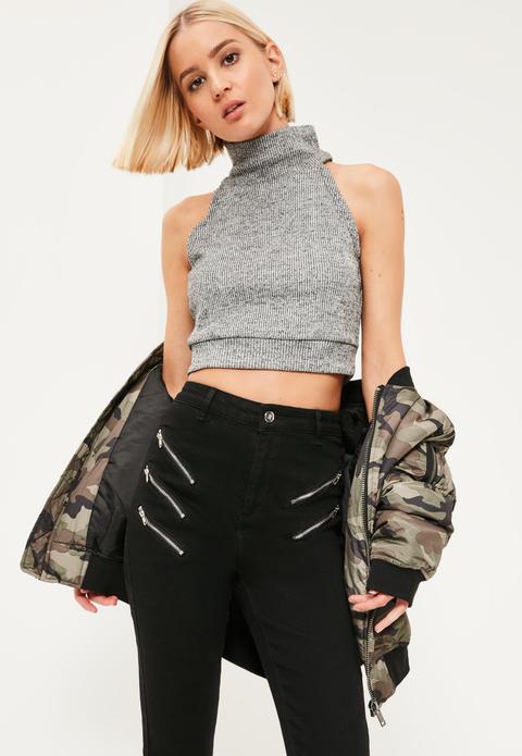 Grey Roll Neck Sleeveless Crop Top