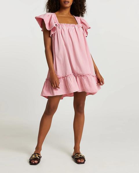 Pink Frill Sleeve Denim Smock Dress