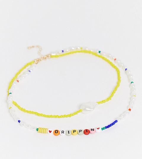 Asos Design Curve - Collier Multirangs Avec Perles Lettres Colorées Et Fausses Perles-doré