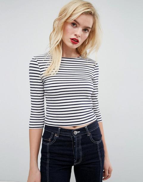 Asos Crew Neck Fitted Crop Top In Stripe With 3/4 Sleeve