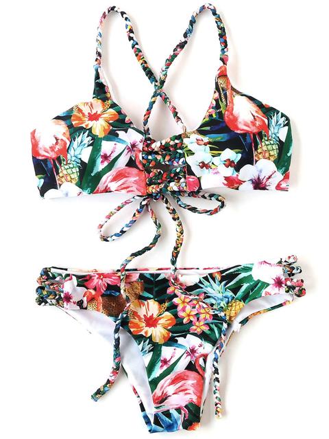 Sets De Bikini Con Estampado Floral Con Tirante Trenzado Espalda Cruzada