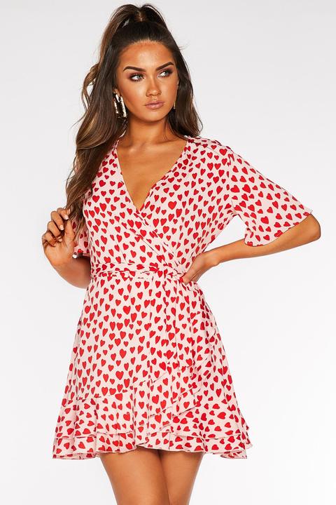 Pink And Red Heart Print Wrap Dress 
